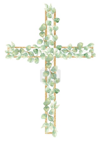 Verdure peinte à la main aquarelle Croix Clipart, Pâques Fleurs religieuses illustration, eucalyptus Baptême Croix clip art, Saint-Esprit clipart, cadre doré