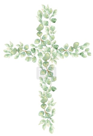 Watercolor hand painted greenery Cross Clipart, Easter Religious florals illustration, eucalyptus Baptism Cross clip art, Holy Spirit clipart, golden frame
