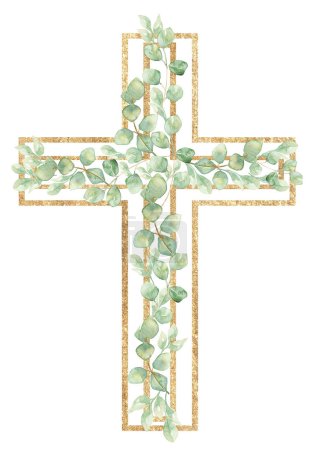 Acuarela pintado a mano verde Cruz Clipart, Pascua Flores religiosas ilustración, eucalipto Bautismo Cruz clip arte, Espíritu Santo clipart, marco de oro