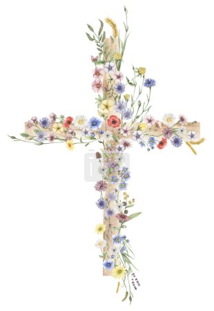 Watercolor hand painted Wildflowers Cross Clipart, Easter Religious meadow florals illustration, Fiels flowers Baptism Cross clip art, Holy Spirit clipart, wooden cross