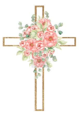 Aquarelle Croix de Pâques Clipart, Illustration religieuse, Fleurs pivoines roses et feuilles vertes croix, Clipart du baptême, Clipart du Saint-Esprit, Bouquet de mariage