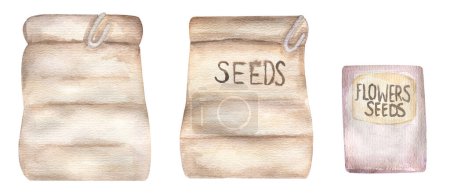 Watercolor illustration of seeds bag illustration set. Garden flower seeds clipart