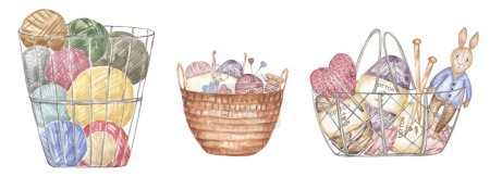 Hand-drawn watercolor knitting elements in the basket illustration set. Yarn balls clipart, crafts and Hobbies  clip arts, graphic needles 