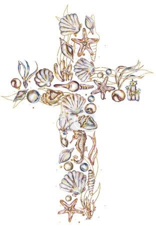 Clipart Gráfico de la Cruz de Pascua, Arreglos de conchas marinas, Cruces de Bautismo Invitación DIY, Clipart de boda tropical, Elementos marinos, Espíritu Santo, Religioso
