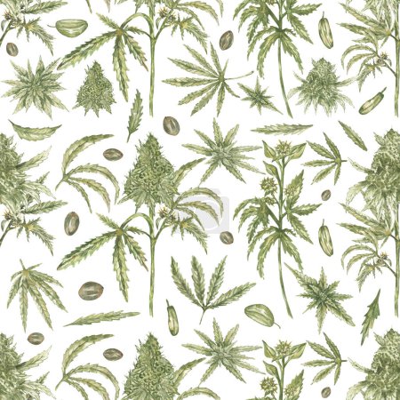 Watercolor Cannabis seamless pattern, marijuana leaves repeat paper, hand painted Natural therapeutic drug background, medical plant