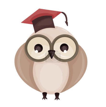Hibou brun sage avec lunettes et illustration vectorielle de chapeau de graduation