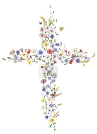 Aquarell Osterkreuz Cliparts. Frühling Wildblumentaufe Kreuz Illustration, festliche Komposition. Wiesenblumen, Sommerblumen, religiöse Karte.