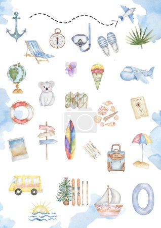Watercolor Educational travel ABC poster with elements and objects. Cute home School illustration