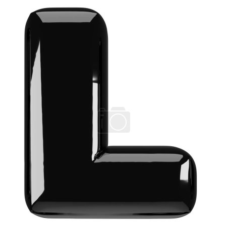 Inflated glossy black letter L uppercase illustration. 3D render of latex bubble font with glint. Graphic type, typography, ABC clipart, alphabet