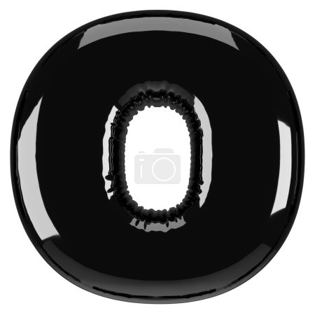 Inflated glossy black letter O uppercase illustration. 3D render of latex bubble font with glint. Graphic type, typography, ABC clipart, alphabet