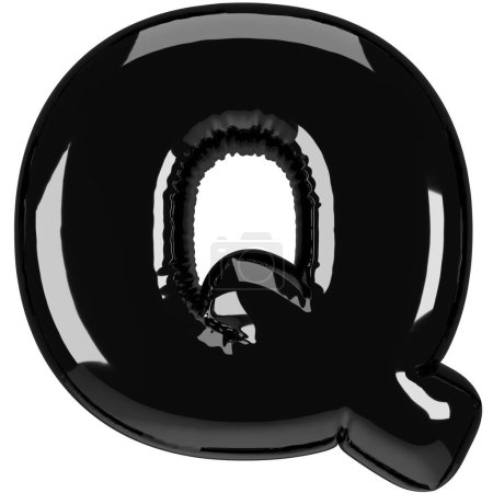 Inflated glossy black letter Q uppercase illustration. 3D render of latex bubble font with glint. Graphic type, typography, ABC clipart, alphabet