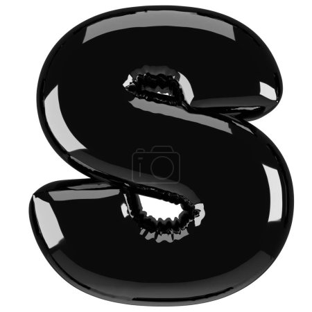 Inflated glossy black letter S uppercase illustration. 3D render of latex bubble font with glint. Graphic type, typography, ABC clipart, alphabet
