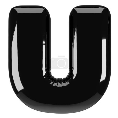 Inflated glossy black letter U uppercase illustration. 3D render of latex bubble font with glint. Graphic type, typography, ABC clipart, alphabet