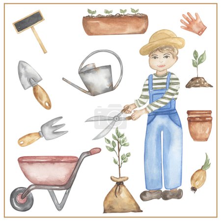 Watercolor gardener clipart, hand drawn illustration. Gardener man working, kids school card clip art, educational, cute children graphics with professions.