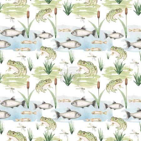 Watercolor frog on the lake and fish seamless pattern, nature with animals repeat paper, cute textile background 