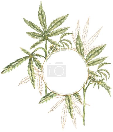 Aquarelle Médical Cannabis feuilles cadre illustration, feuille de marijuana frontière clipart, peint à la main Thérapeutique naturelle couronne clip art, composition végétale médicale