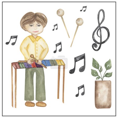 Watercolor xylophone player clipart, hand drawn illustration. Musician working, kids school card clip art, educational, cute children graphics with professions.