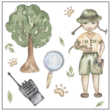 Watercolor zoologist clipart, hand drawn illustration. zoologist and supplies, kids school card clip art, educational, cute children graphics with professions.