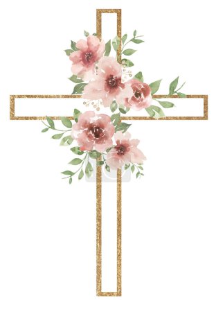 Watercolor pink flowers greenery and golden cross illustration, floral religious clipart