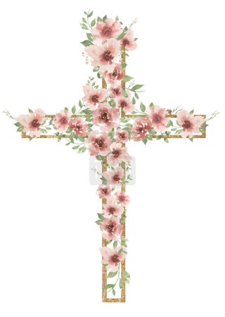 Watercolor pink flowers and greenery cross illustration, floral religious clipart