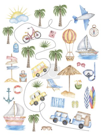 Aquarell Bildungsreise-ABC-Plakat mit Elementen und Objekten. Nette Schulillustration mit Transport: Auto, Schiff, Wagen, Bus, Jacht, Flugzeug, Fahrrad, Luftballon.