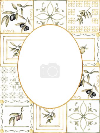 Watercolor tiles frame with olives branch illustration