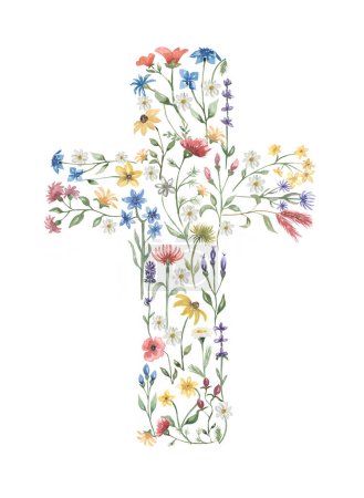 Photo for Watercolor Easter Cross Clipart, Wildflowers Cross illustration, Meadow Flowers Baptism Cross, Religious clip art, Wedding Invites, Holy Spirit, Baby shower - Royalty Free Image