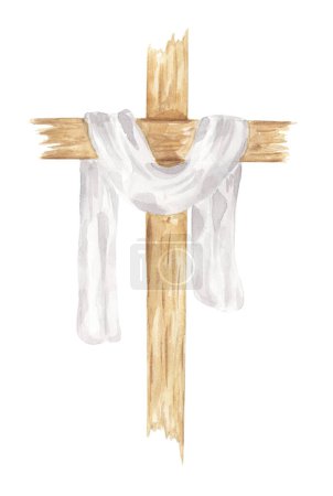 Cross Clipart, Watercolor Christian wooden cross With White Cloth, Baptism Cross, Wedding invites, Holy Spirit, Religious illustration 