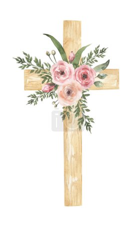 Cross Clipart, Watercolor Christian wooden cross, Baptism Cross with flowers, Floral Bouquet, Wedding invites, Holy Spirit, Religious illustration