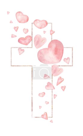 Heart Frame Clipart, Watercolor Pastel hearts frame illustration, Pink Delicate coral heart cross, love decor, Religious, valentines day, baby shower graphics, wedding invitation