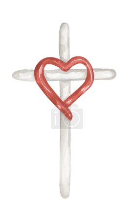 Cruz Clipart, Acuarela Cruz blanca cristiana con corazón rojo, Cruz del Bautismo, Boda invita, Espíritu Santo, Ilustración religiosa