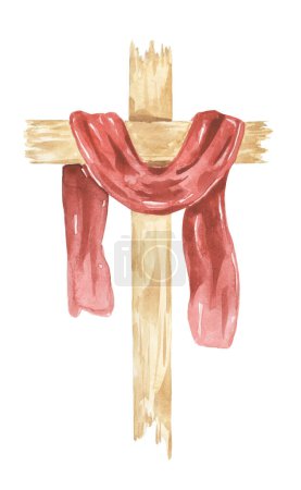 Cross Clipart, Watercolor Christian wooden cross With Red Cloth, Baptism Cross, Wedding invites, Holy Spirit, Religious illustration 