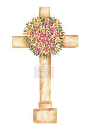 Cross Clipart, Watercolor Christian wooden cross, Baptism Cross with flowers, Floral Bouquet, Wedding invites, Holy Spirit, Religious illustration