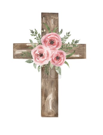 Cross Clipart, Watercolor Christian wooden cross With florals bouquet, Baptism Cross clip art set, Wedding invites, Holy Spirit, Religious illustration 
