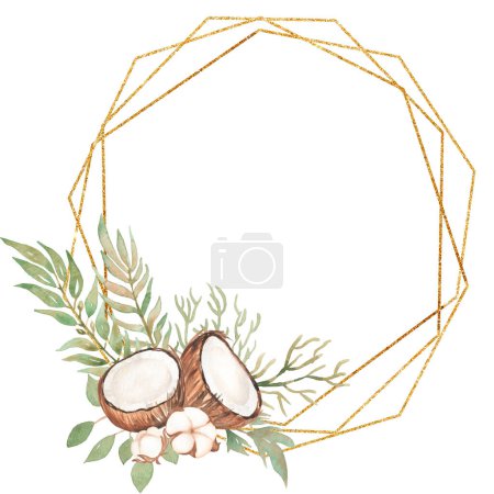 Aquarell Kokosnuss Clipart, Begrünter Kranz Illustration, Baumwolle, Kokosnussrand, Blumenstrauß, Goldener Rahmen, Tropischer Blumenkranz, Hochzeitseinladungen, Logo