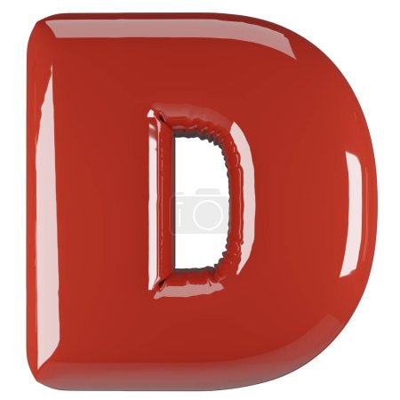 Inflated glossy RED letter D uppercase illustration. 3D render of latex bubble font with glint. Graphic type, typography, ABC clipart, alphabet