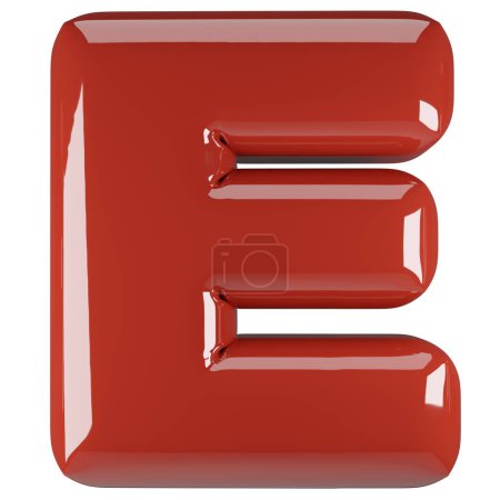 Inflated glossy RED letter E uppercase illustration. 3D render of latex bubble font with glint. Graphic type, typography, ABC clipart, alphabet