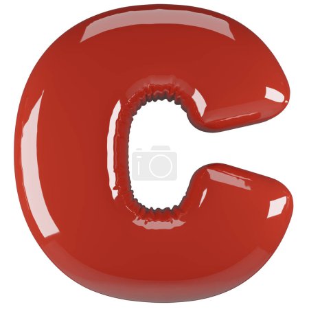 Inflated glossy RED letter C uppercase illustration. 3D render of latex bubble font with glint. Graphic type, typography, ABC clipart, alphabet