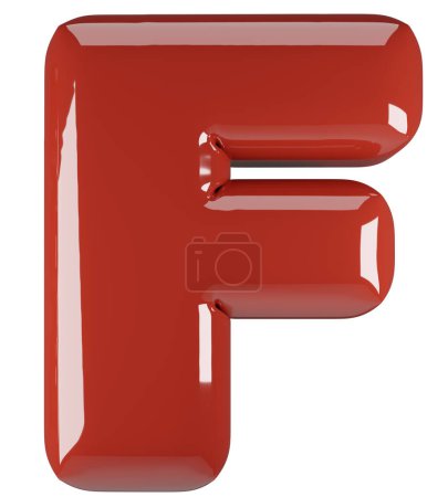 Inflated glossy RED letter F uppercase illustration. 3D render of latex bubble font with glint. Graphic type, typography, ABC clipart, alphabet