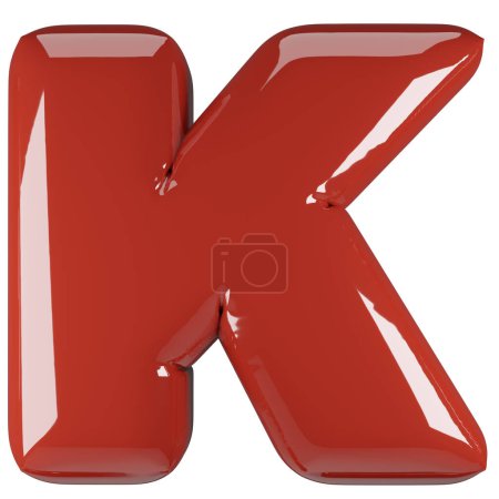 Inflated glossy RED letter K uppercase illustration. 3D render of latex bubble font with glint. Graphic type, typography, ABC clipart, alphabet