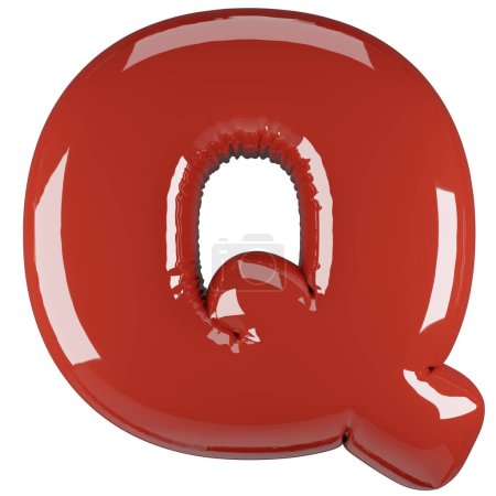 Inflated glossy RED letter Q uppercase illustration. 3D render of latex bubble font with glint. Graphic type, typography, ABC clipart, alphabet