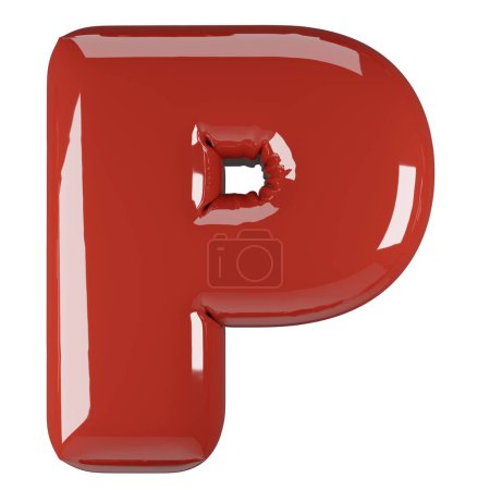 Inflated glossy RED letter P uppercase illustration. 3D render of latex bubble font with glint. Graphic type, typography, ABC clipart, alphabet