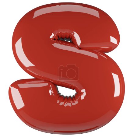 Inflated glossy RED letter S uppercase illustration. 3D render of latex bubble font with glint. Graphic type, typography, ABC clipart, alphabet