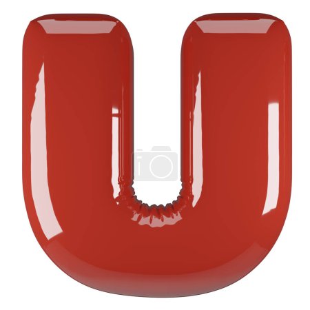 Inflated glossy RED letter U uppercase illustration. 3D render of latex bubble font with glint. Graphic type, typography, ABC clipart, alphabet
