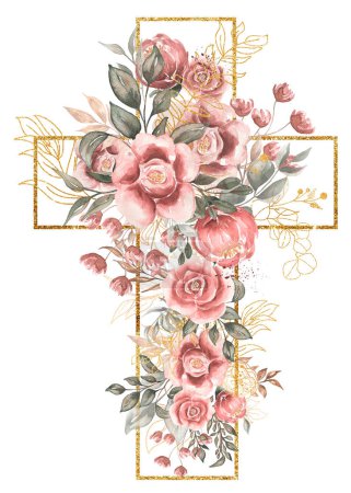 Watercolor hand painted Pink Florals Cross Clipart, Easter Religious flowers illustration, Baptism Cross clip art, Holy Spirit clipart, golden frame