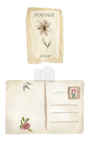Téléchargez les photos : Aquarelle vintage carte vieilli et timbre illustration ensemble. clipart de conception de carte romantique, timbres postaux. - en image libre de droit