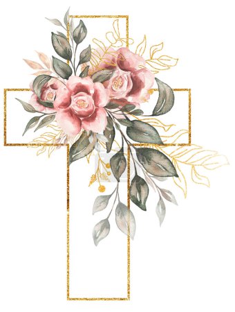Cross Clipart, Watercolor golden frame cross With pink peony flowers and greenery bouquet, Baptism Cross clip art, Wedding invites, Holy Spirit, Religious illustration, easter 