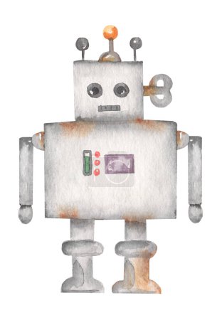 Watercolor Cute Old Robot clipart, Machine, Cartoon clip art, Kids Toy illustration, baby shower
