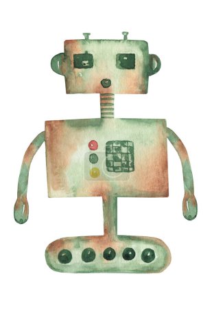 Clipart de robot vert mignon aquarelle, machine, art de clip de bande dessinée, illustration de jouet d'enfants, douche de bébé