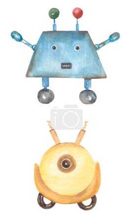 Aquarelle mignon vieux Robot clipart set, Machine, Art clip de bande dessinée, Illustration de jouets pour enfants, baby shower